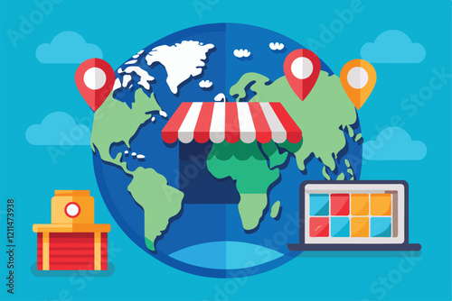 Illustration of a global marketing strategy highlighting online shopping interconnectedness Global marketing strategy online store