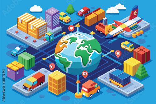 Cargo vehicles and an airplane coordinate logistics around a global map with warehouses in a city setting Global logistics and cargo delivery,