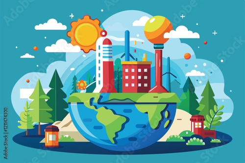 Illustration shows a green globe surrounded by trees and renewable energy sources in a colorful, modern landscape Global warming Customizable Flat Illustration