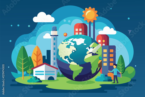 A vibrant illustration showcases the effects of global warming on Earth with urban landscapes and natural elements Global warming Customizable Flat Illustration
