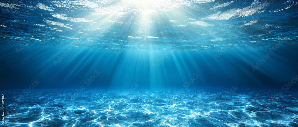 An underwater ocean scene featuring a deep blue abyss, bathed in sunlight—ideal for diving and scuba adventures