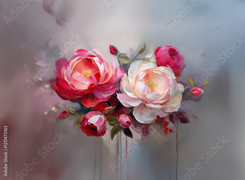 A vibrant painting of pink and white roses, artfully arranged against a soft, muted background.  The brushstrokes are visible, adding texture and depth.