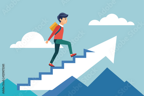 A young individual climbs steps symbolizing progress toward goals against a bright backdrop Going up Customizable Semi Flat Illustration