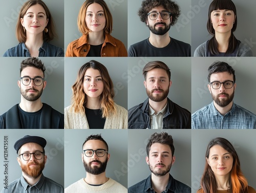 Collage of photos of different people, men and women on a monotone gray background.