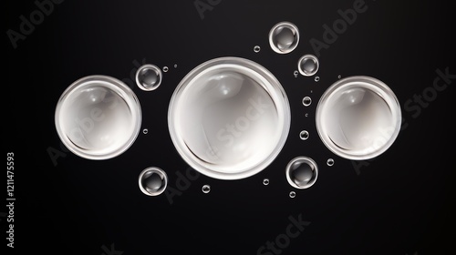 Abstract image of three large white spheres surrounded by smaller bubbles on a black background.