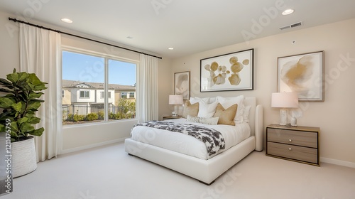 Modern Bedroom Interior Design Featuring Neutral Tones and Abstract Art