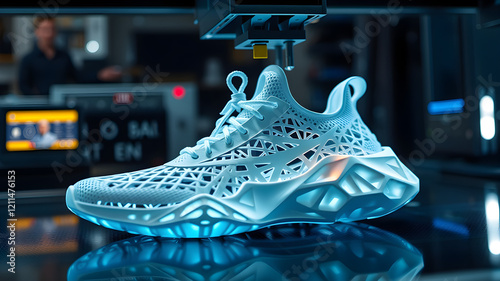 A futuristic, white sneaker with a glowing blue light, being 3D printed with intricate details.