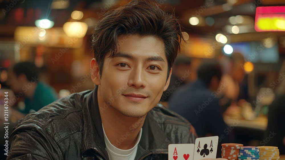 Naklejka premium A captivating portrait of a charismatic man, exuding confidence and charm, possibly a poker player in a dimly lit casino setting.