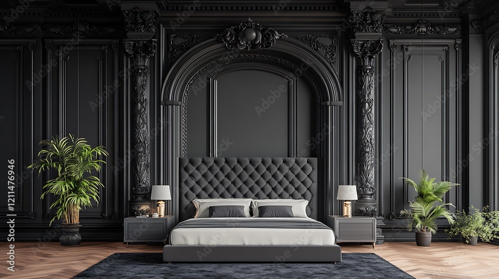 Elegant Dark Bedroom Interior Design With Ornate Moldings