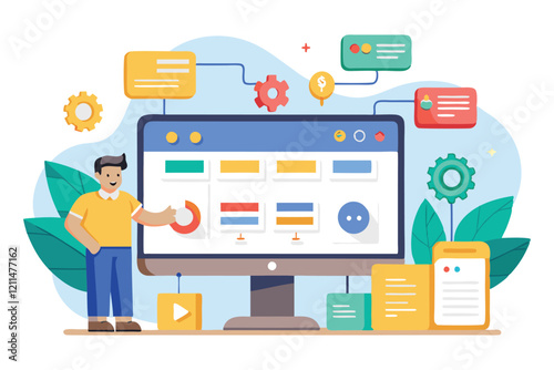 A person interacts with a customizable sitemap on a computer surrounded by tech elements and vibrant plants Google sitemap Customizable Cartoon Illustration