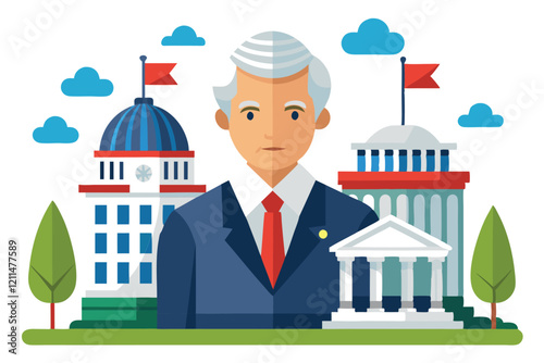 A president stands confidently before iconic government buildings, symbolizing leadership and authority Government and president, Flat vector illustrations isolated