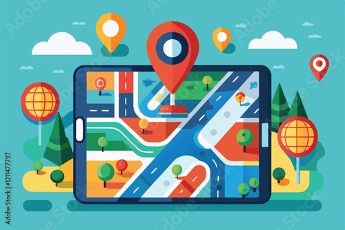 A vibrant flat illustration shows a GPS navigator displaying detailed maps and location markers Gps navigator Customizable Flat Illustration