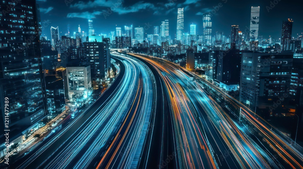 Naklejka premium Night cityscape with illuminated highway and skyscrapers.