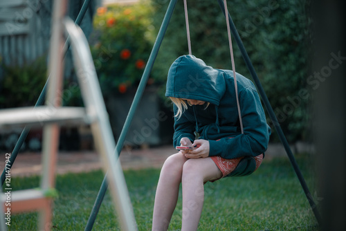 Pre-teen boy wearing hoodie relaxing on backyard swing looking at phone photo