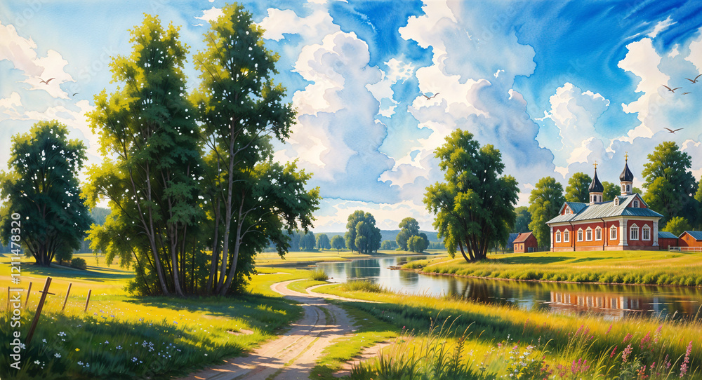 Naklejka premium Watercolor summer landscape of Russian nature . Generative AI