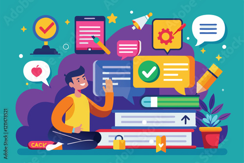 A young person interacts with study materials, inspired by vibrant learning elements around them Grammar correction Customizable Disproportionate Illustration