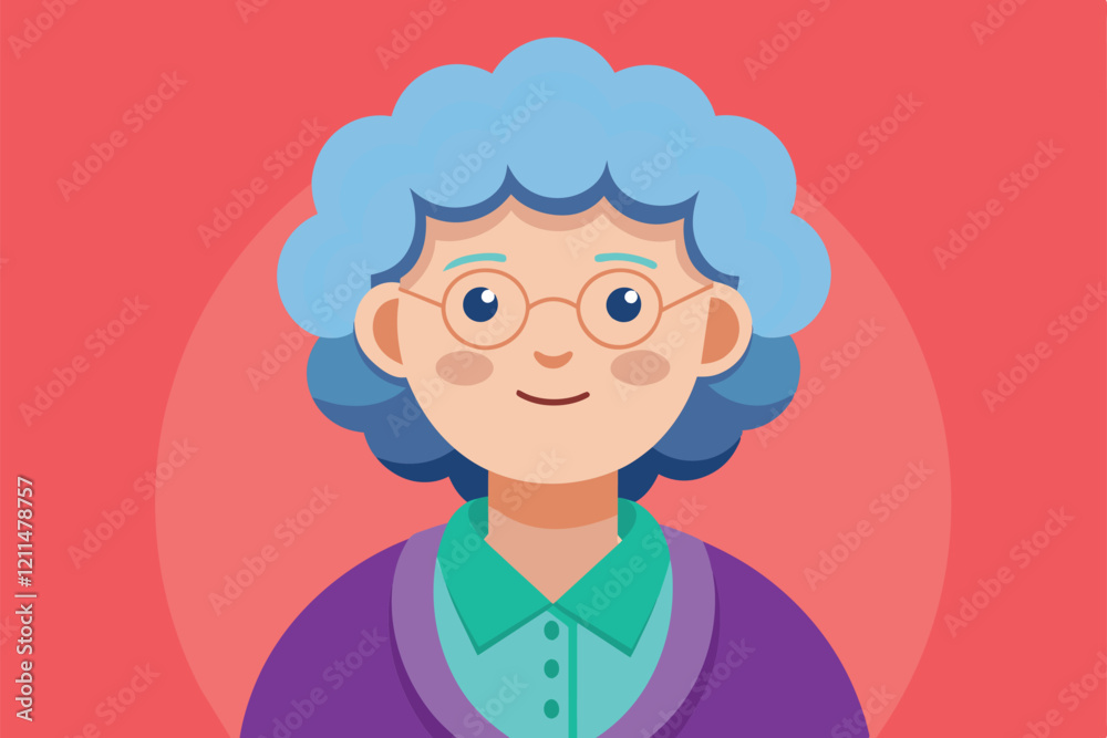 A grandma with blue curls, wearing glasses and a sweater, smiles radiantly in a colorful setting Grandma Customizable Flat Illustration A grandma with blue curls, wearing glasses and a sweater, smiles radiantly in a colorful setting Grandma Customizable Flat Illustration