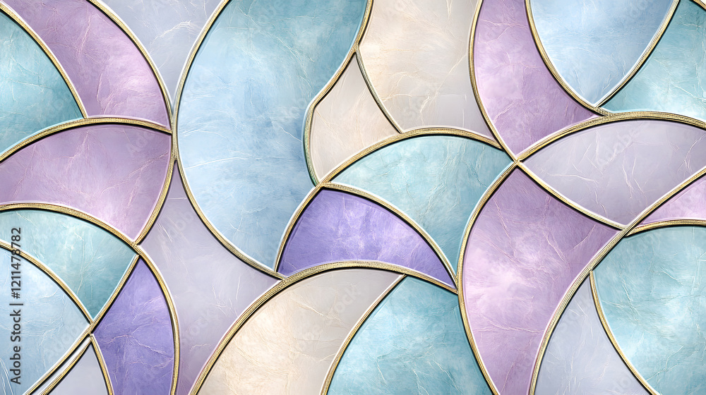 A circular flag with overlapping wave patterns in soft tones of sky blue, lavender, and gold, arranged artistically on a transparent backdrop 