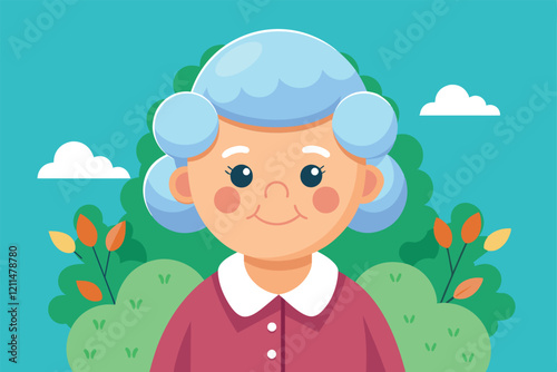 A joyful grandmother smiles in her garden, surrounded by colorful plants and a bright, clear blue sky Grandma Customizable Flat Illustration