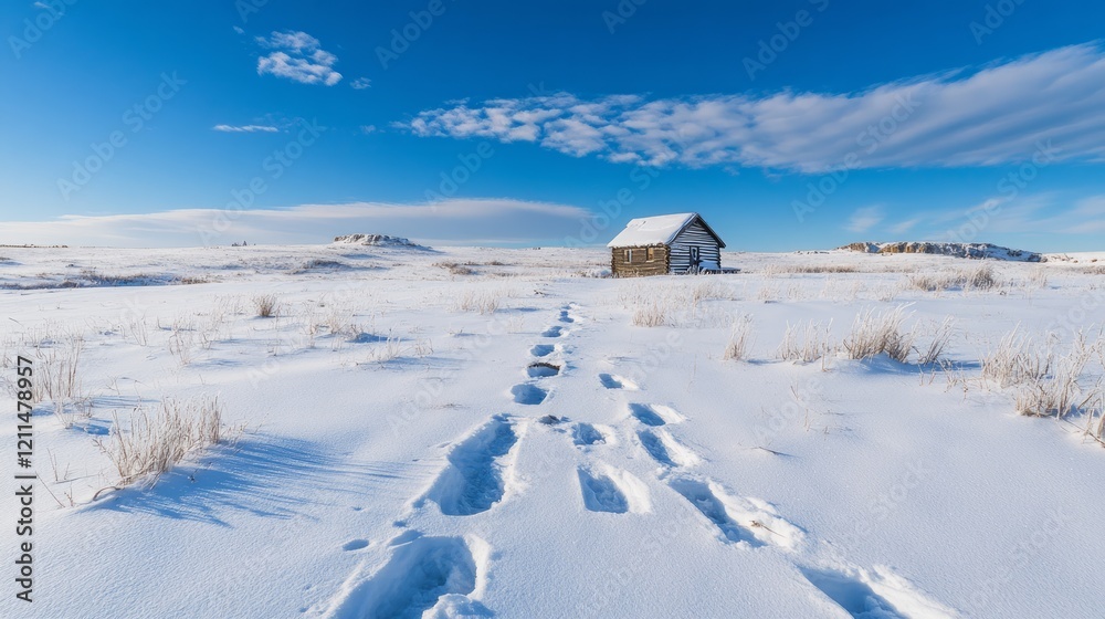 Footprints lead to a small cabin in a snowy, vast landscape under a clear blue sky. Footprints lead to a small cabin in a snowy, vast landscape under a clear blue sky.