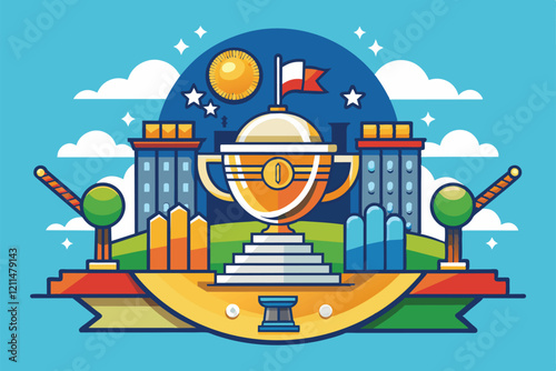 A trophy stands proudly in a vibrant landscape depicting a sports tournament Grand slam Customizable Semi Flat Illustration