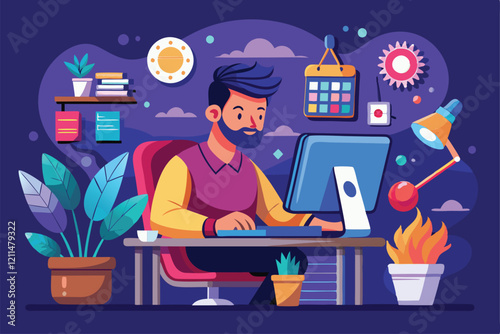 A graphic designer focuses on his work in a vibrant, plant-filled workspace Graphic designer and freelancer at workplace,