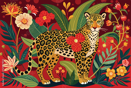 A colorful leopard stands among blossoms and foliage, embodying a striking natural beauty Graphic leopard with flowers and leaves in Asian style seamless pattern
