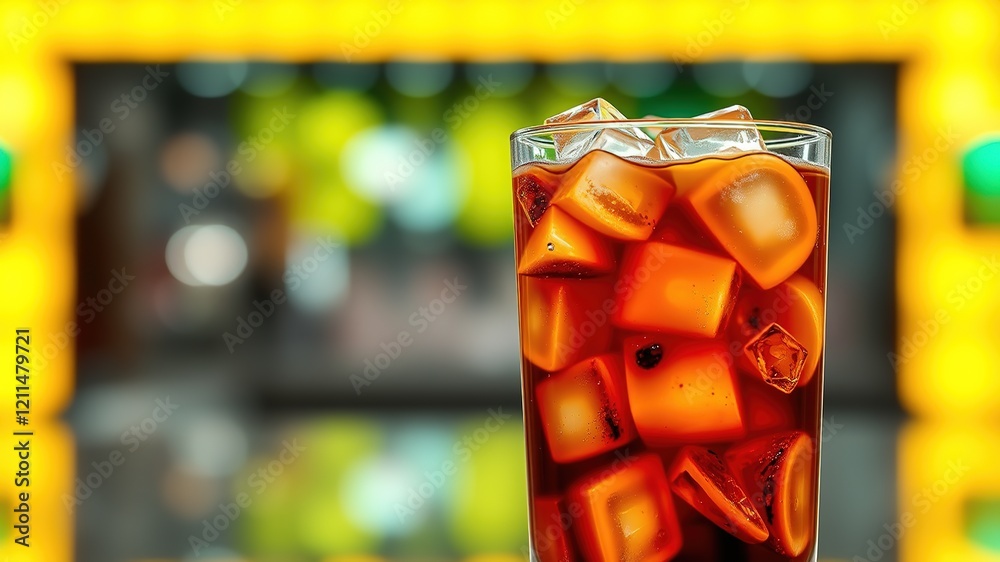 Naklejka premium Iced Coffee, Glass Cup, Ice, Bright, Sharp Colors, Photorealistic, Summer Drink