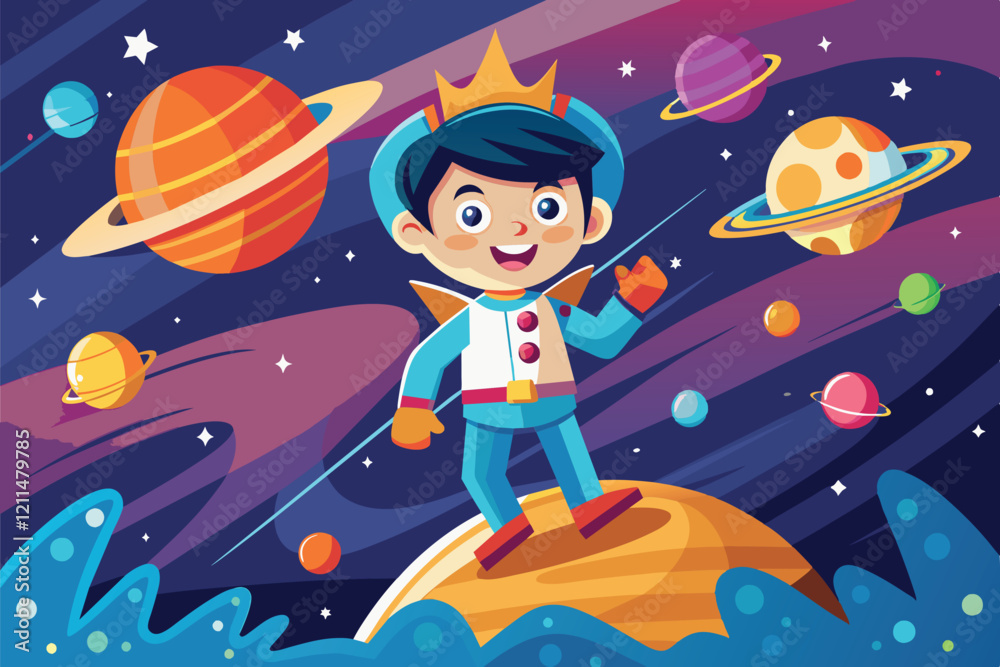 Fototapeta premium A cheerful astronaut in a colorful outfit stands on a planet surrounded by cosmic elements Gravity Customizable Cartoon Illustration