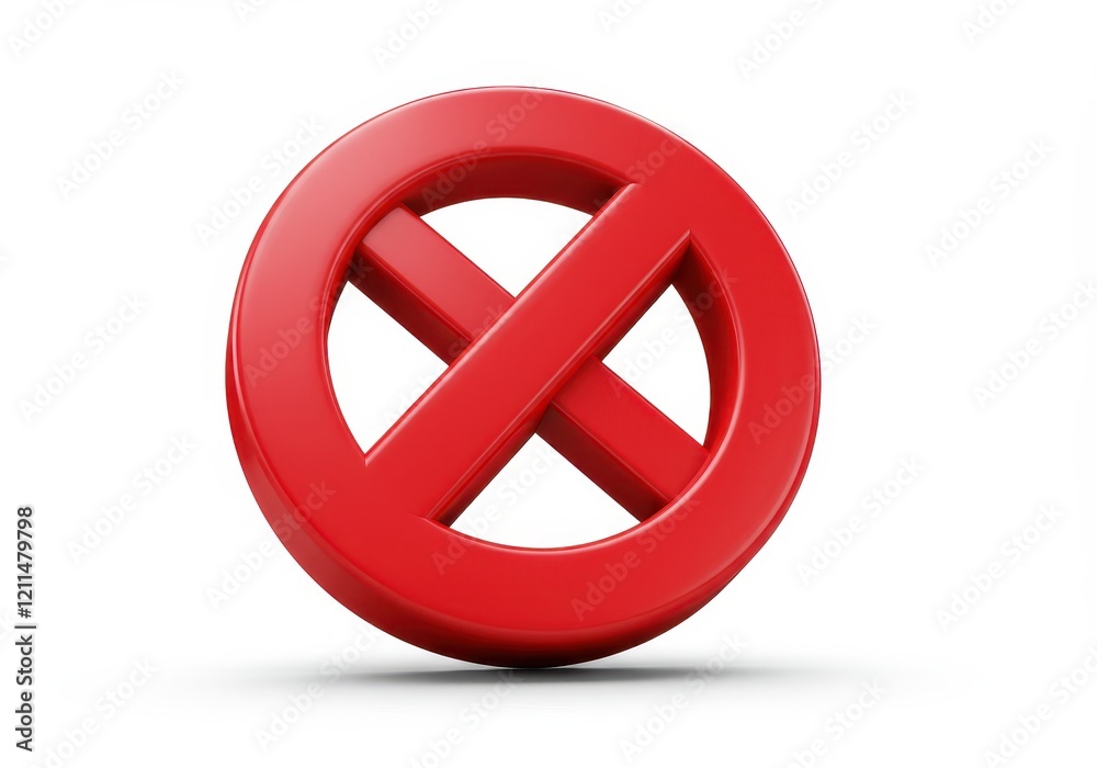 A 3D illustration of a bold red prohibition symbol with a shadow underneath isolated on a white background A 3D illustration of a bold red prohibition symbol with a shadow underneath isolated on a white background