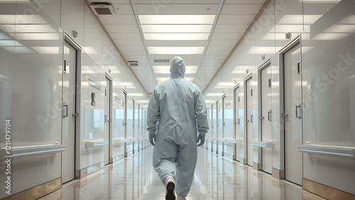Wallpaper Mural A lone healthcare worker in PPE walks down a sterile hospital corridor, Laboratory, scientist Torontodigital.ca