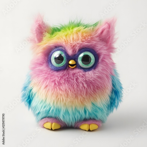 A Furby toy with colorful fur and blinking eyes