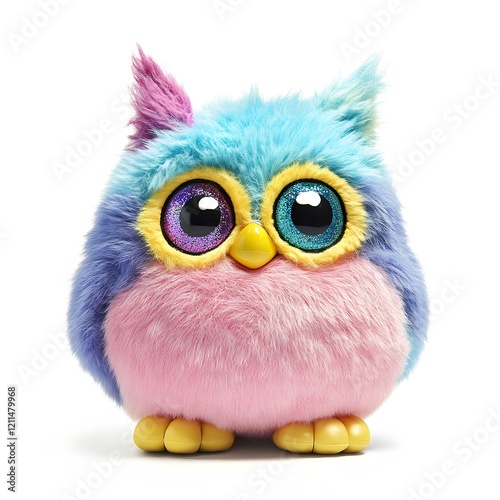 A Furby toy with colorful fur and blinking eyes