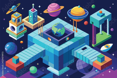 Exploration of customizable gravity illustrated through a vibrant isometric design of planets and structures Gravity Customizable Isometric Illustration