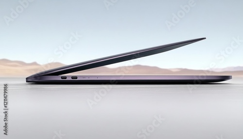 Sleek laptop opens, desert background, technology ad.