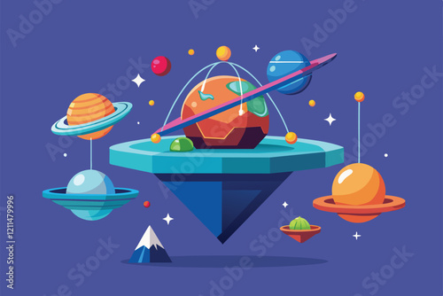 A whimsical floating illustration with a central planet and surrounding celestial bodies in a colorful space Gravity Customizable Semi Flat Illustration