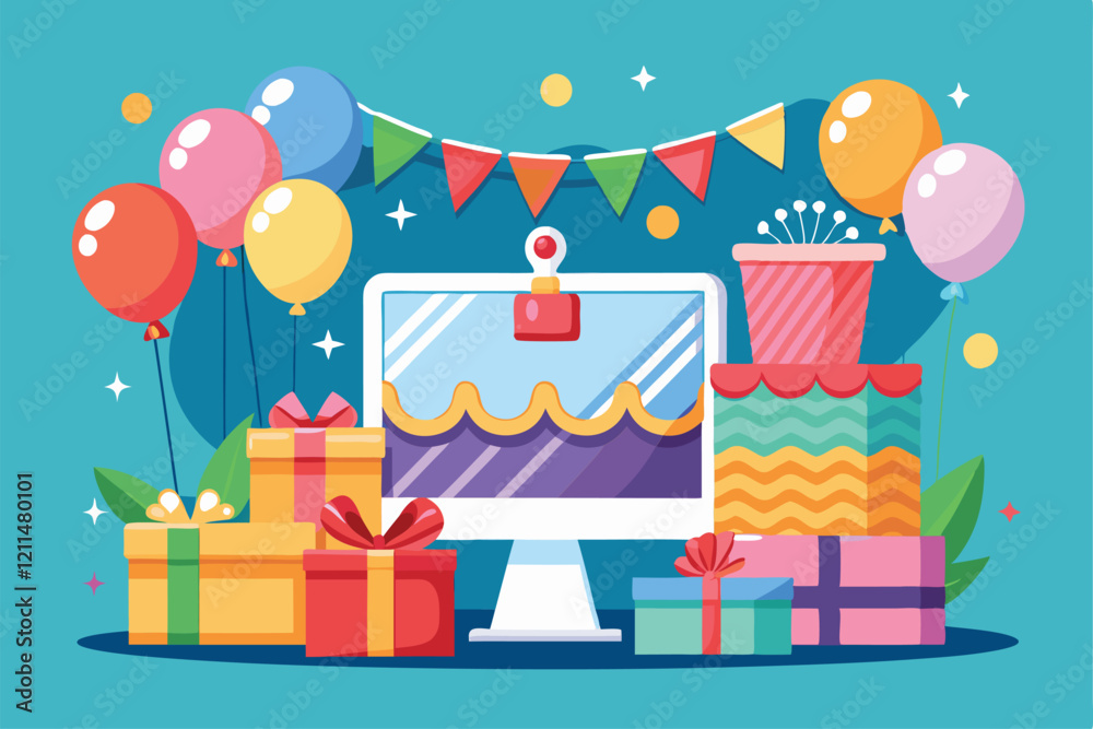 Display of greeting card templates alongside gifts and decorations for a joyful celebration Greeting card templates or photo booth mockups with cake, gifts and balloons,
