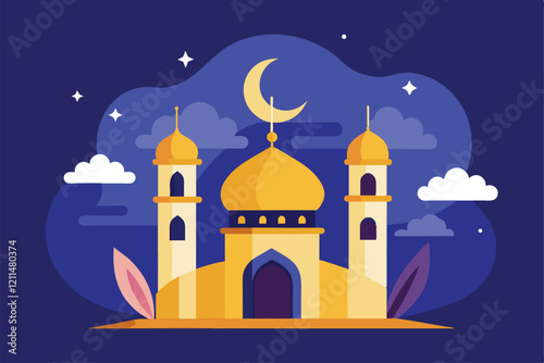 A mosque adorned with a crescent moon, symbolizing the festive spirit of Ramadan and Eid al-Fitr Greeting ramadan kareem, Eid al fitr moment Simple and minimalist flat Vector Illustration