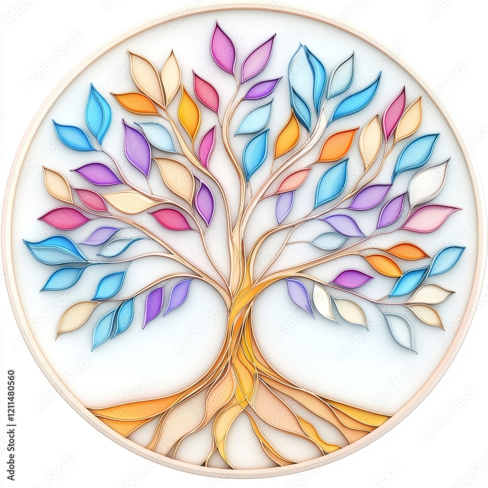 Vibrant Abstract Tree Design with Colorful Leaves and Artistic Roots