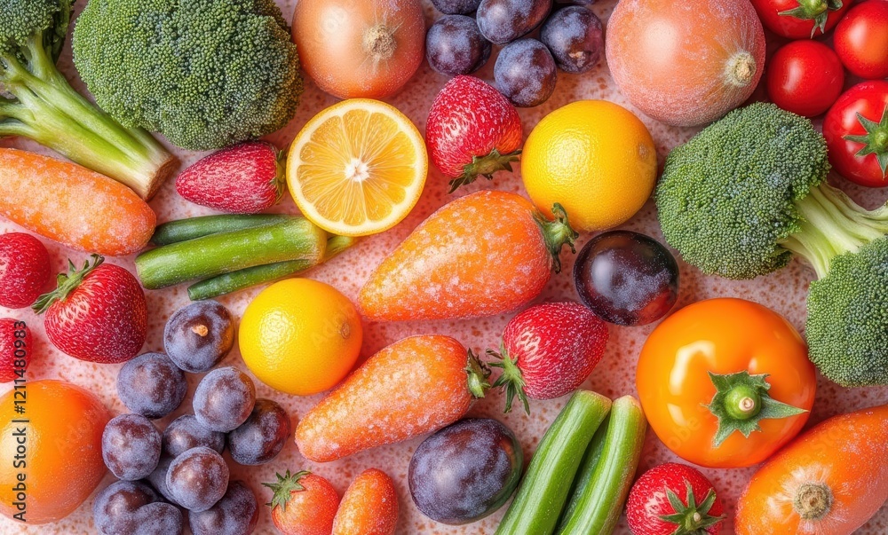 Colorful arrangement of fresh fruits and vegetables Colorful arrangement of fresh fruits and vegetables