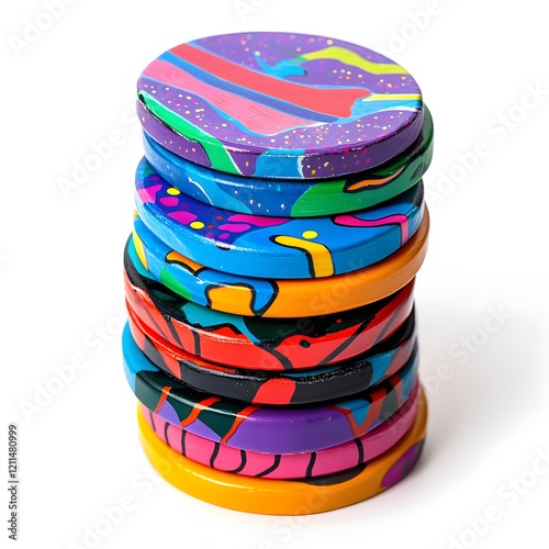 A stack of Pogs with colorful designs photo