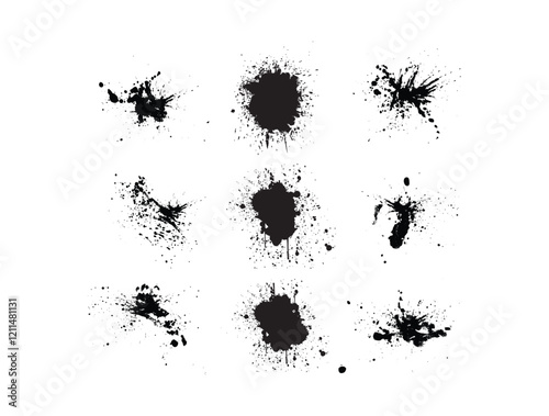 Black paint stains collection brush stroke with splashes, Graffiti spray pain vector