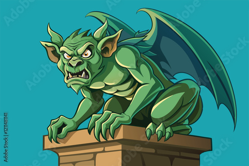 A fierce gargoyle with wings sits atop an aged ledge, glaring at the world below grimacing gargoyle perched on a weathered ledge