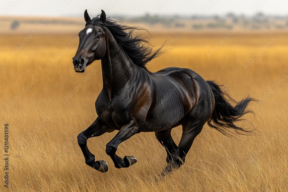 Black horse runs through golden field.