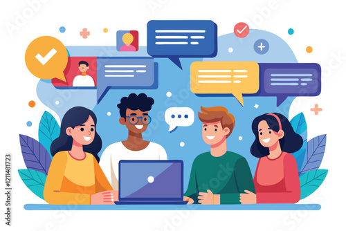 Friends communicate enthusiastically via a digital chat interface on their laptop Group chat Customizable Flat Illustration