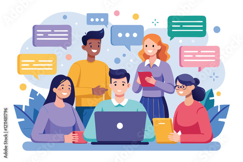 Friends gather around a laptop, customizing a group chat with lively discussions and colorful speech bubbles Group chat Customizable Semi Flat Illustration