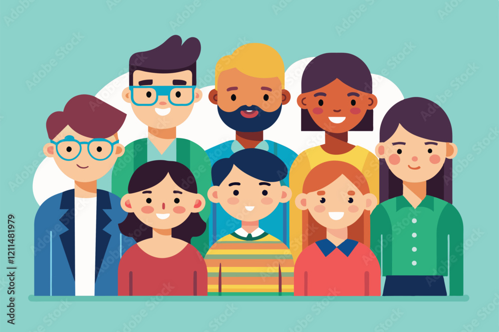 A cheerful group of nine individuals poses together in a whimsical, artistic arrangement Group Customizable Disproportionate Illustration A cheerful group of nine individuals poses together in a whimsical, artistic arrangement Group Customizable Disproportionate Illustration