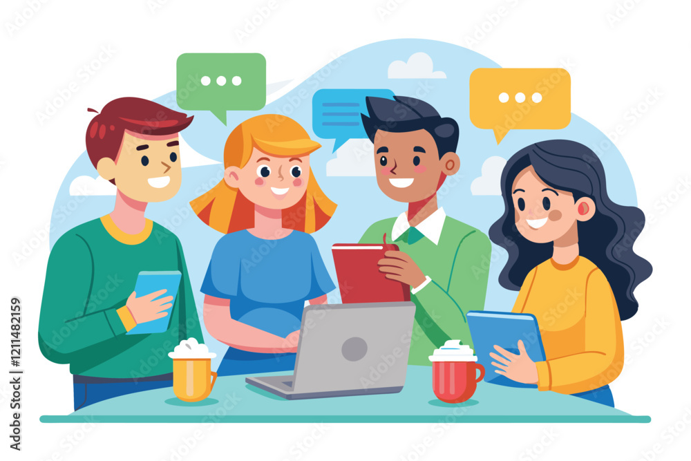 Friends gather around a table, engaging in a lively discussion while holding books and laptops Group discussion Customizable Cartoon Illustration Friends gather around a table, engaging in a lively discussion while holding books and laptops Group discussion Customizable Cartoon Illustration