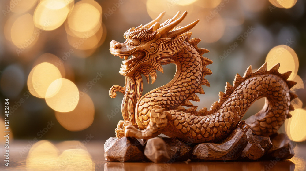 Fototapeta premium Vibrant night sky with a Chinese dragon, golden clouds, and red lanterns: Lunar New Year Celebrations