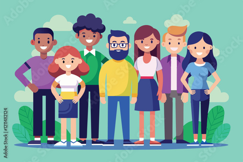 Seven cheerful individuals stand together in a friendly group, showcasing diversity and inclusivity Group Customizable Semi Flat Illustration